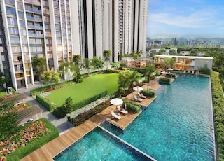 A luxury high-rise residence featuring a rooftop pool, lush gardens, and stunning city views.